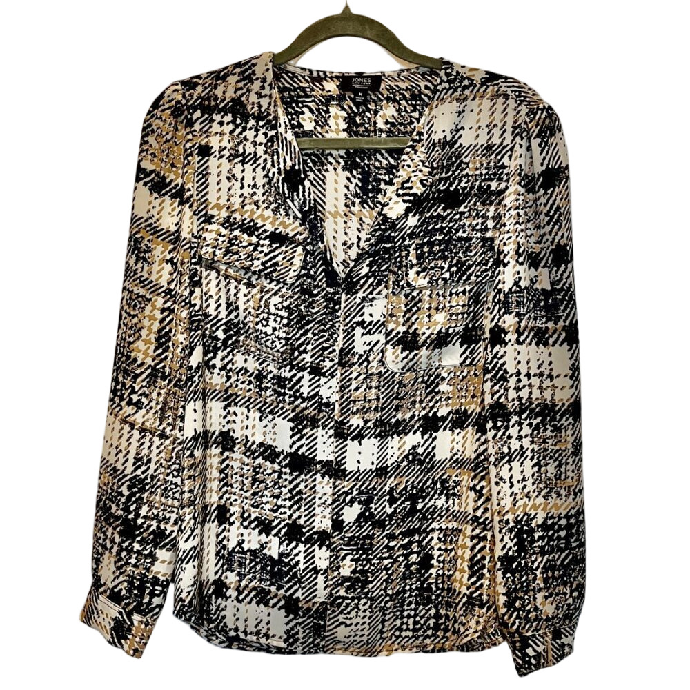 Jones New York Abstract Print Blouse V-Neck Pullover M